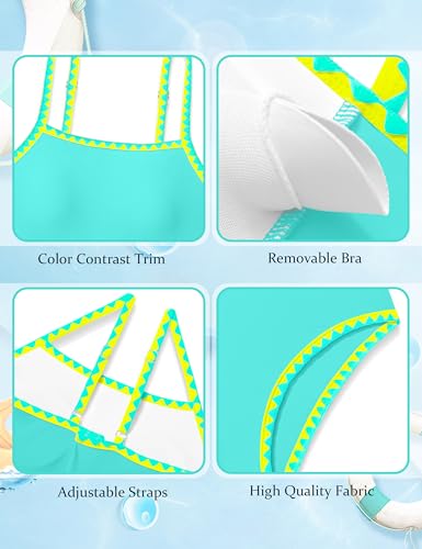 Image of WIQI Girls Swimsuit One Piece Bathing Suit Color Contrast Trim Girls' Swimwear with Cover Up Skirt Size 9-16