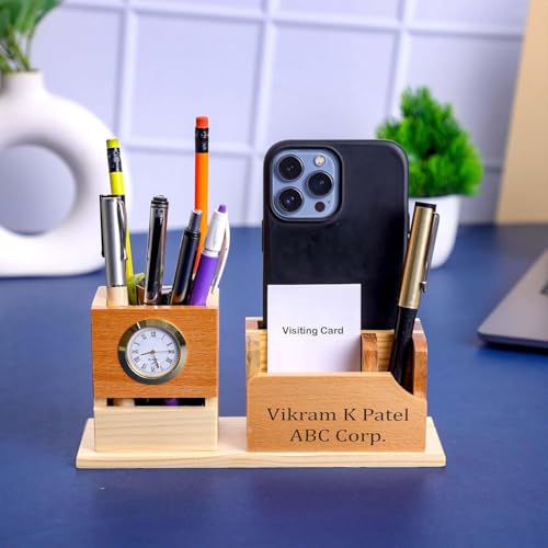 Image of EpicLane Customizable Wooden Pen Holder with Clock, Visiting Card Holder & Mobile Stand | Personalized Name Engraving Desk Organizer (Modern)