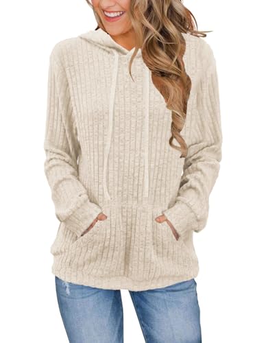 DUOEASE Top Mujer con Capucha Casual Elegantes Sudaderas Mujer con Bolsillo Manga Larga Otono Invierno Sudadera（Albaricoque L）