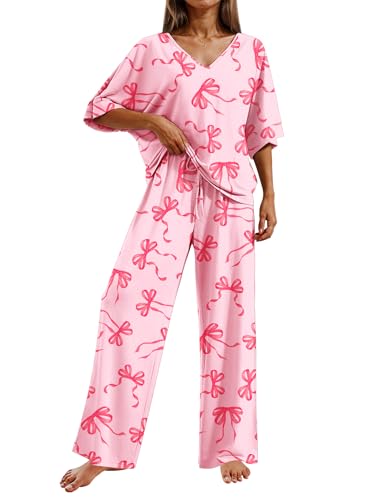 Image of Ekouaer Pajama Sets for Women 2 Piece Lounge Set Short Sleeve Tops and Long Pants Soft Comfy Pjs Sleepwear Outfits S-XXL