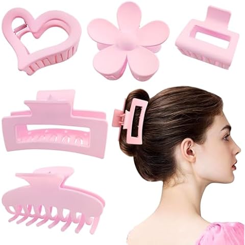 Agirlvct 5 Pack Hair Clips for Women - Cute 2-4 Matte Jumbo Barrettes with Strong Hold for Thin Hair, Gift for Girls and Girlfriends (Pink) Cover