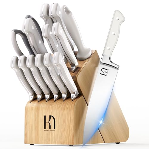 Image of Knife Set, 15 Pcs Kitchen Knife Block Set, Enduring Razor-Sharp Japanese High Carbon Stainless Steel Chef Knife Set with Block and Sharpener, Premium Knives Set for Kitchen, White Natural Wood