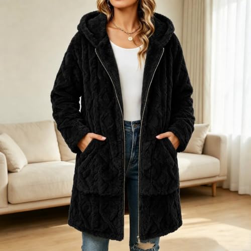 Fleece Jacket for Women Hooded Zip Up Long Sleeve Mid Length Winter Coat - image 2
