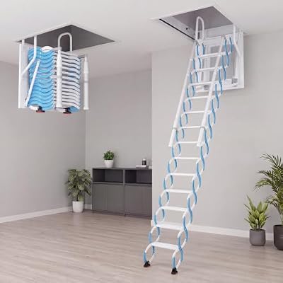14 Step Attic Ladder, Pull Down Attic Stairs with Handrails, Retractable Folding Loft Ladder, Heavy Duty Attic Access Stairs for Garage Ceiling (Blue)