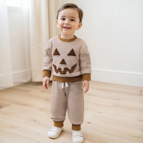 Toddler Baby Boy Girl Halloween Outfit Long Sleeve Stripes Pumpkin Sweatshirt Pants Set Infant Fall Winter Clothes2