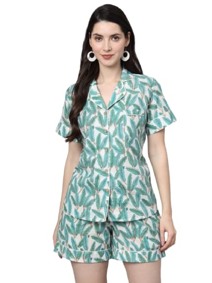 100% Cotton Mint Printed Shirt & Shorts Night Set for Women-image-29