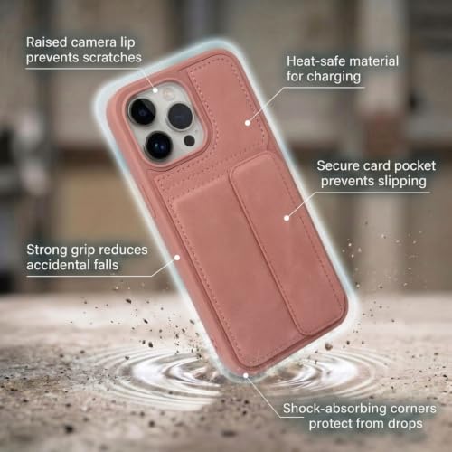 Image of amazon basics Luxury Vegan Leather Back Cover for iPhone 14 Pro Max | Built-in Card Holder Slot | Integrated Mobile Stand | Slim Shockproof Protective Case with Stitched Finish - Pink