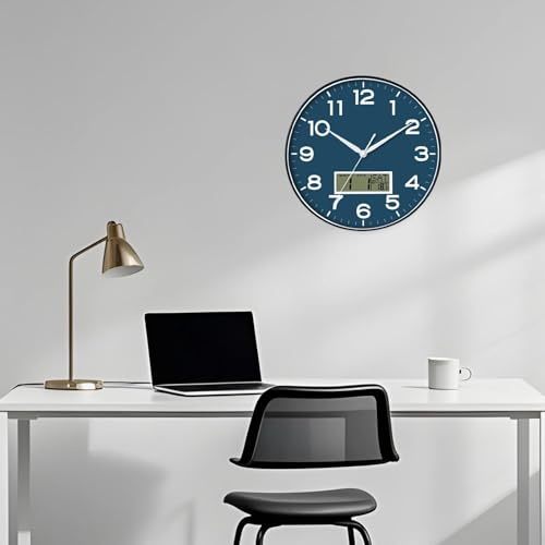 Image of AKCISOT Wall Clock 12 Inch, Non-Ticking Silent Battery Operated Analog with LCD Display for Perpetual Calendar and Temperature, Ideal Modern Decor for Home, Bedroom, Kitchen, Office (Blue)