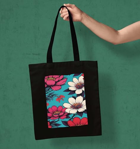 Image of ZORI Black Tote Bag With Pocket Printed Designed Canvas Tote Bags For Women large capacity,Tote bag For Shopping, College, Travel, More Canvas Handbag For Unisex Bag