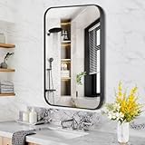 Bathroom Mirrors for Wall / Vanity,Black Framed Makeup Mirror,Wall-Mounted Round Horn Rectangle Seamless Frame Mirror,Large Aluminum Alloy Mirror for Entryway,No Punching,Anti-Rust 12'*16'