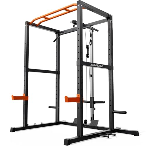 Image of pooboo Multi-Functional Machine Power Cage, 2000LB Squat Rack, LAT-Pull Down System, Dual Pulley Cable Crossover System, Home Gym Workout Machine with Strength Training Attachments