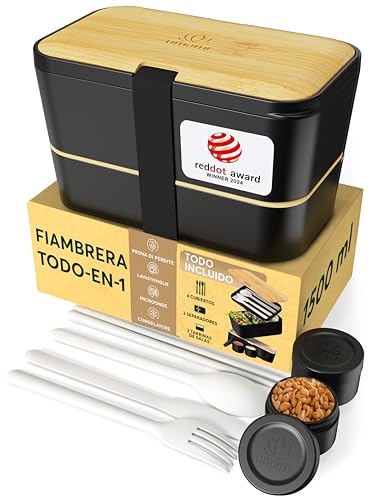 Umami Bento Fiambrera, Cubiertos y Salsera Incluidos, Antigoteo, Microondas, Fiambrera Compartimentada para Adultos, Negro Ónix Y Beige, 1500 ml