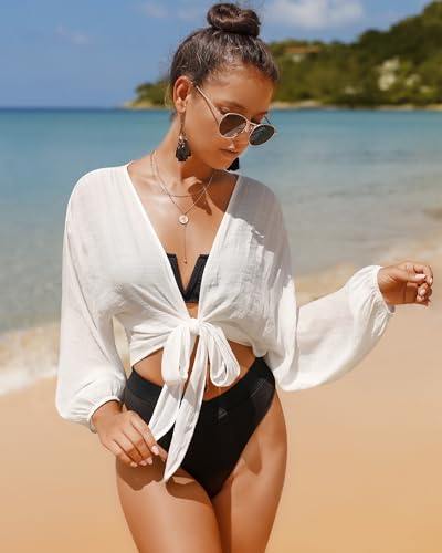 Women's Swimwear Cover Ups Tops Tunic Self-tie Swimsuit Bikini Bathing Suit Long Sleeve Soft Beach Shirt for Women3