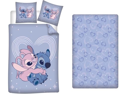 Aymax Parure de Lit Stitch 3 Pièces – Housse de Couette 140x200 + Taie 65x65 + Drap-Housse 90x200 cm – Polycoton – Lit 1 Place – Motif Stitch & Angel – Doux...