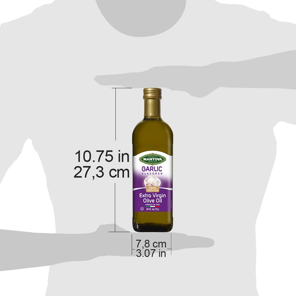 Mantova Garlic Extra Virgin Olive Oil (EVOO), Cold-Pressed and Imported from Italy 34 oz Glass Bottle - Flavorful Topping for Salads, Vegetables, and Pasta Dishes - Ideal for Dipping Italian Bread or Pan Frying - Convenient and Versatile (Pack of 2)