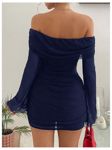 Image of GORGLITTER Women's Off The Shoulder Mesh Mini Dress Long Sleeve Y2K Sexy Ruched Bodycon Birthday Club Party Dresses