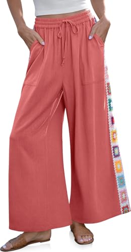 Image of TARSE Womens Wide Leg Linen Pants Summer Casual Drawstring Loose Lounge Palazzo Crochet Panel Pant with Pocket