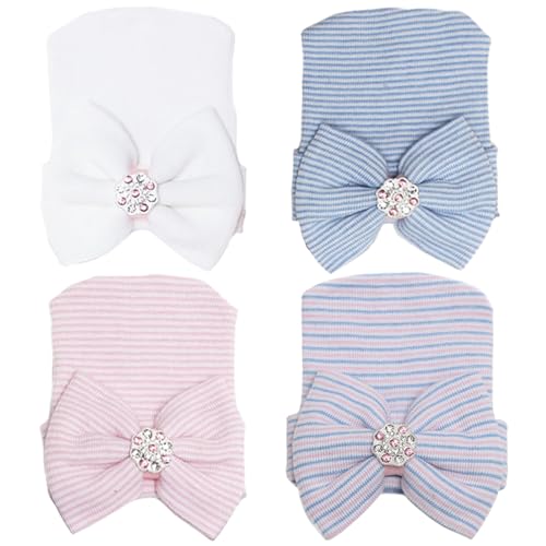 DRESHOW BQUBO 4 Pack Newborn Hospital Hat Infant Baby Hat Cap with Big Bow Soft Cute Knot Nursery Beanie