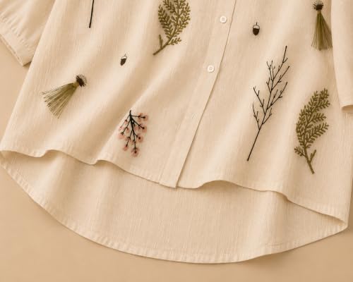 Image of Gufrina Women Designer Botanical Embroidered Korean Style Shirt | Button Down Relaxed Fit | High Low Hem Three Quarter Sleeve | Casual Smart Top-Shirt