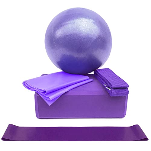 LTLCLZ 5Pcs Yoga Starter Kit Yoga Equipment Set with Yoga Blocks Yoga Ball Stretching Strap Resistance Loop Band Exercise Band,Purple