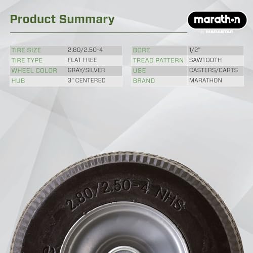 Marathon 2.80/2.50-4" Flat Free Hand Truck/Utility Cart Tire on Wheel, 3"Centered Hub, 1/2" Bearings