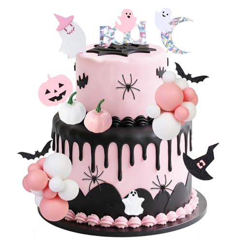 Pink Halloween Cake Toppers 52Pcs, Cute Ghost Pumpkin Bat Decorat...