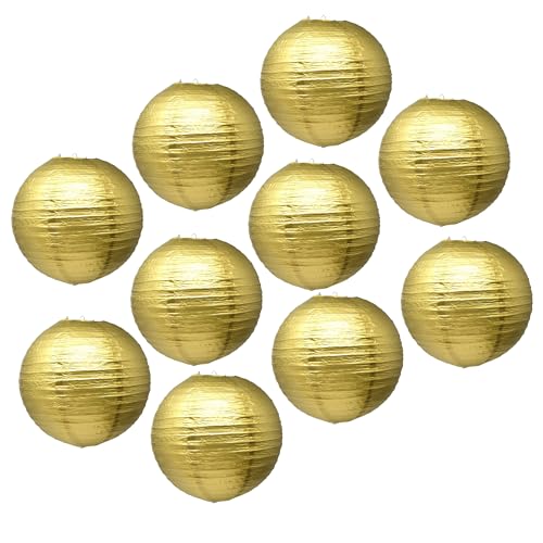Image of Mudra Crafts 12 Inch Round Chinese Gold Paper Lanterns Hanging Decor | 10 PCs, Reusable, Indoor Outdoor Decorative Lamp Shade, for Ceiling, Wedding, Shower, Party, Festival, Home Decoration