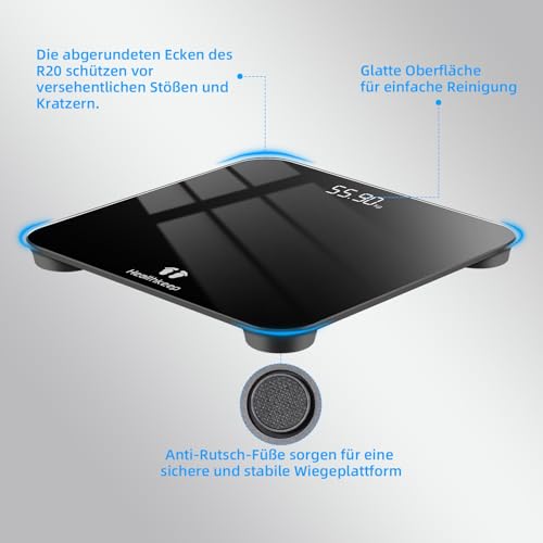 Healthkeep Personenwaage Digital mit LED-Display, Körperwaage mit Hochpräzisions-Sensoren, Präzise Digitale Waage Personen aus Sicherheitsglas bis 180kg, Schwarzes Glas Große runde Ecke 26 * 26cm