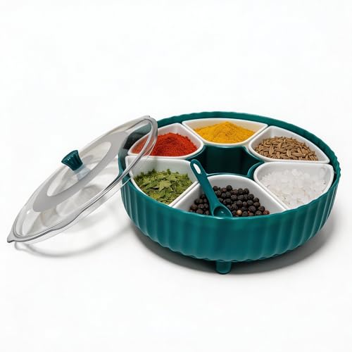 Image of KEATON 360 Rotating Masala Box for Kitchen | 7 Section Spice Container | Rangoli Dabba | Transparent Lid | BPA Free | Green