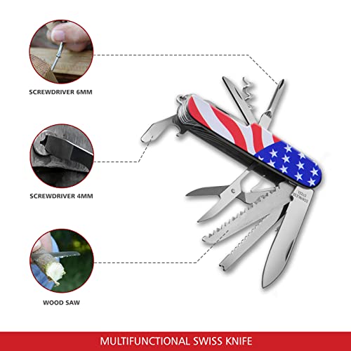 Swiss Eagle 12-in-1 Small Swiss Pocket Knife – Premium Multi Tool Pocket Knife with Large Blade, Screwdriver, Can Opener, Corkscrew & More - for Outdoors & Camping for Gifts (USA Flag)