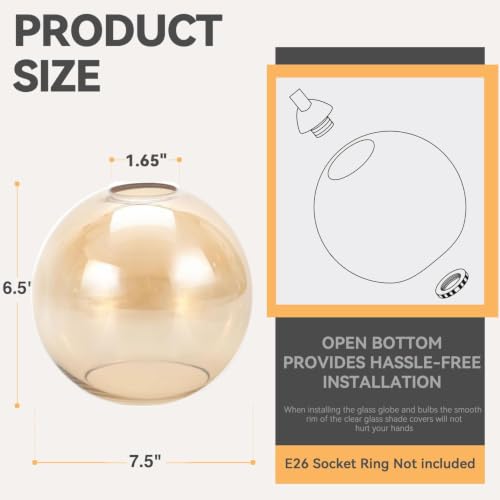 Image of 2 Pack Amber Glass Shades, Globes Lampshades Replacements 1.65 In Fitter 7.5 In Diameter Transparent Bubble Glass Lamp Shades Covers for Light Fixtures with Chandelier Wall Sconces Pendants