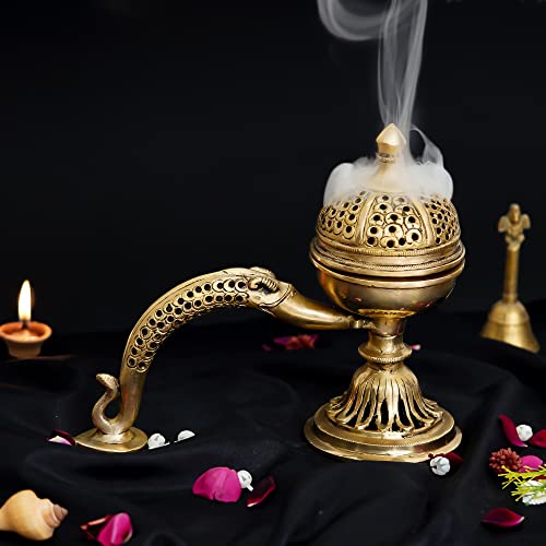 Image of eCraftIndia Golden Brass Dhoop Holder with Handle | Incense Burner for Home Temple Pooja Mandir | Incense Holder Gift for Diwali Housewarming