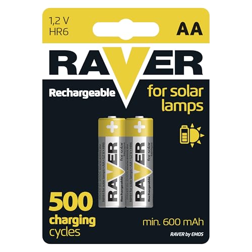 Raver by EMOS - Solar AA Mignon Akkus - aufladbare Batterien für Solarlampen - NiMH - 1,2V, HR6, 600 mAh - Betriebstemperatur -20 °C bis +50 °C - min. 500 Ladezyklen - 2 Stück
