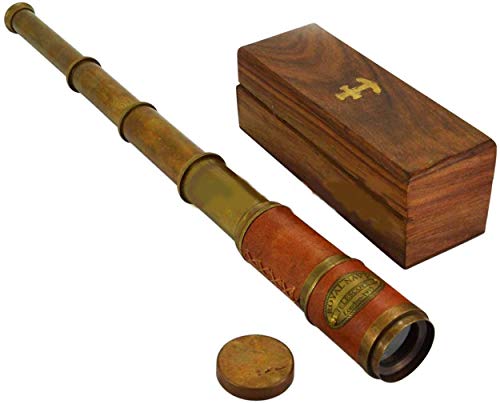 Telescopio de latón con cuero rosa y caja de madera miniatura 1