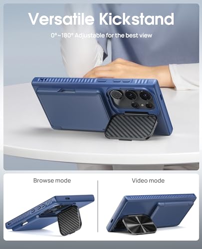 Image of Vihibii PC + Silicone For Galaxy S24 Ultra Back Cover With Card Holder(4 Cards)&Kickstand&Camera Lens Cover,Military Grade Protection Rugged Shockproof Phone Case For Samsung S24 Ultra 6.8 inch,Blue