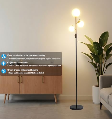 Image of Fiqevs Mid Century Modern 3 Globe Tree Floor Lamp - Dimmable LED Standing Lamp with Bulbs, Warm Light for Living Room Bedroom Office - Black