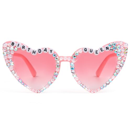 Etercycle Heart Sunglasses, Birthday Queen Glasses for Women, Pink Sunglasses Birthday Gifts Rhinestone Heart Shaped Sun Glasses for Birth Day Party Favors