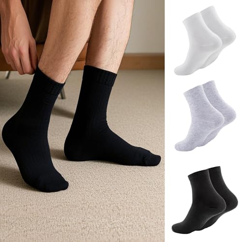 Mens Business Dress Socks 3 Pairs Ribbed Mid Calf Crew Socks Multipack for Office Travel Work and Everyday Wear (Black White Grey, F)