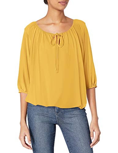Star Vixen Women's Plus Size 3/4 Sleeve, Front Tie Peasant Top, Mustard, 2X