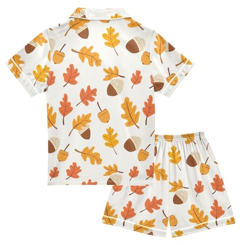 Autumn Acorn Prints Summer Satin Pajama Set, Cute Button-Down Sleepwear Pj Set for Sleep Wears2