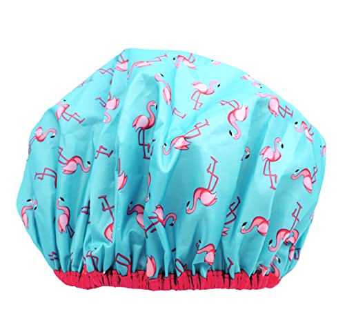Reusable Shower & Bath Cap & Lined, Oversized Waterproof Shower Caps Large Designed for all Hair Lengths with PEVA Lining & Elastic Band Stretch Hem Hair Hat - Fashionista Flamingo Party