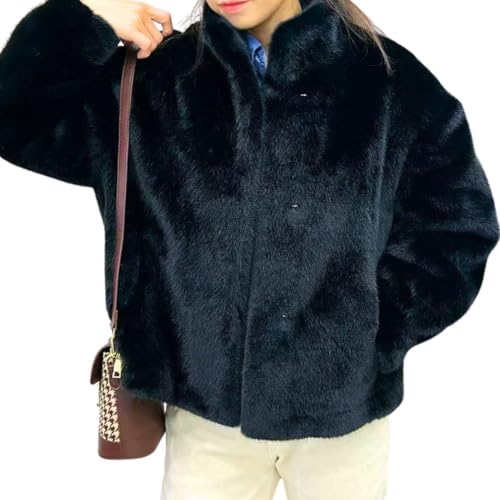 [ROSELUCA.] ファーコート ジャケット レディース ラビットファー エコファー 秋 冬 無地 ふわふわ ジャンパー スタンドカラー 20代 ルームウェア ブラック Mのサムネイル