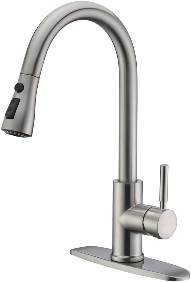 Single Handle High Arc Brushed Nickel Pull Out Kitchen Faucet,Single Level Stainless Steel Kitchen Sink Faucets with Pull Down Sprayer