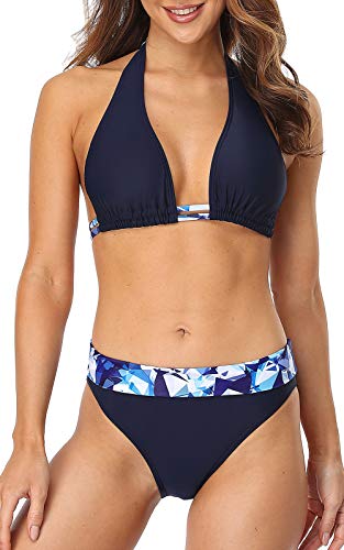 CharmLeaks Womens Bikini Swimsuits Adjustable Strap Bikini Halter Swimwear Navy S