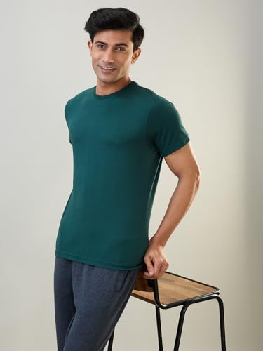 Image of Raymond SleepZ Regular Fit Cotton Modal Blend Solid Pattern Round Neck Loungewear T-Shirt
