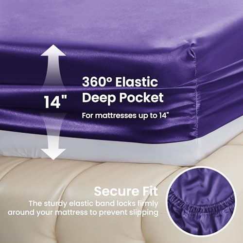 Image of Love's cabin Satin Queen Sheets Set - 4 Piece Purple Silky Bed Sheets Set with Deep Pocket, Luxury Silk Feel Satin Queen Size Sheet Set (1 Flat Sheet,1 Fitted Sheet,2 Pillow Cases)