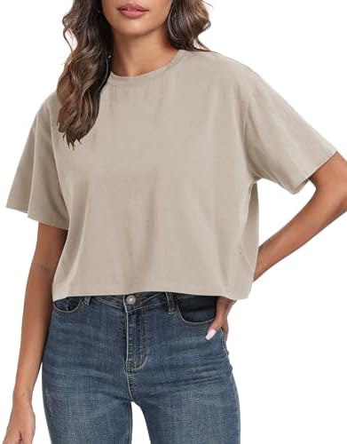 PRIMODA Women's Oversized Workout Cropped T Shirts Crew Neck Shor...