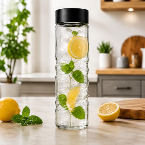 Image of Ash & Roh Round Glass Water Bottle with Lid, Transparent Wide Mouth Juice Bottle for Fridge, Office, School & Everyday Hydration Reusable for Daily Use