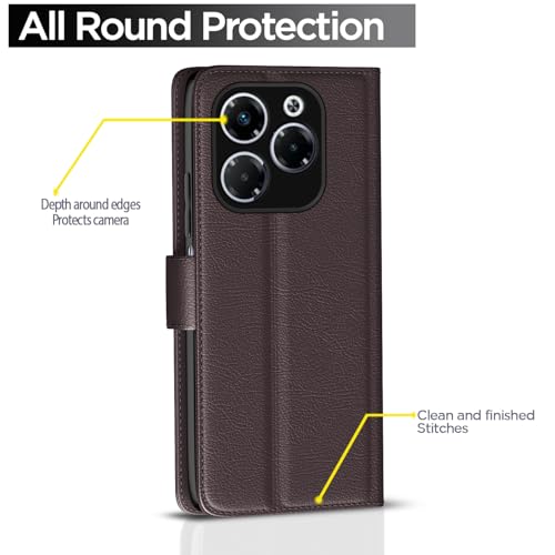 Image of Pikkme Flip Cover Leather Finish | Inside TPU with Card Pockets | Wallet Stand and Shock Proof | Complete Protection Button Flip Case for Infinix Note 40X 5G(Coffee)
