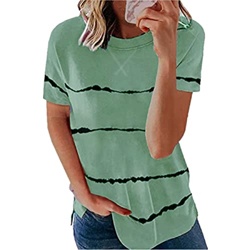 JXXYWYZ T-shirt d'été décontracté à manches courtes et col rond pour femme - Coupe ample - Rayures imprimées, c-vert, L